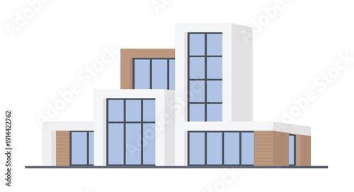Minimalist modern villa with large glass windows, geometric shapes, and clean lines in flat style architecture, suitable for real estate, architecture, and design concepts isolated vector illustration