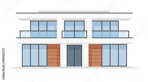 Contemporary two story private villa featuring large glass windows, balconies, and minimalist architecture, perfect for real estate, architecture, or home design concepts isolated vector illustration