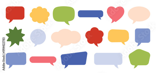 Various colorful flat speech bubbles in different shapes including heart, cloud, star, and rectangle for communication, dialogue, and message concepts isolated vector illustration