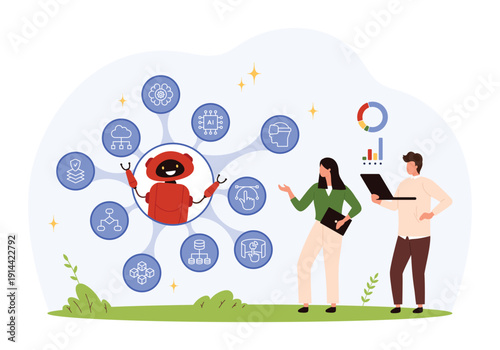 Team of developers interacting with friendly robot surrounded by artificial intelligence, cloud computing, neural network, and data science flat icons isolated vector illustration