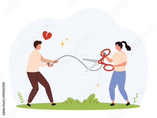 Relationship breakup concept, featuring a couple cutting ties with scissors, symbolizing separation and emotional distance, isolated on white background vector illustration.