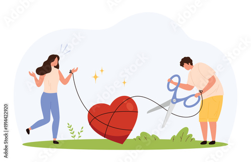 Divorce and relationship breakup concept, featuring a couple cutting a heart with scissors, isolated on white background vector illustration.