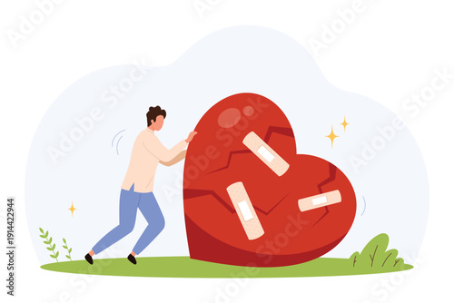 Man struggling to push huge cracked heart with bandages, burden of past relationship, emotional trauma, healing process, mental health recovery, isolated on white background vector illustration