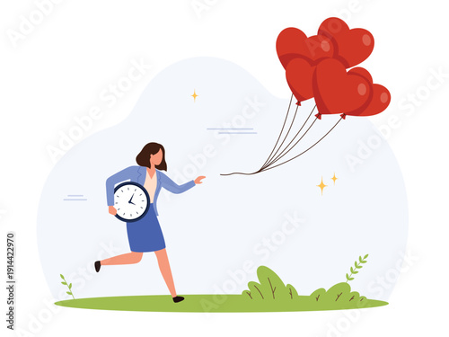 Tiny businesswoman running with clock, trying to catch flying red heart balloons, concept of time for love, work life balance, relationship deadline, isolated on white background vector illustration