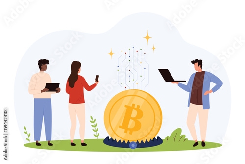 Three people with digital devices stand near a large bitcoin coin caught in a bear trap, symbolizing cryptocurrency investment risk and digital finance uncertainty isolated vector illustration