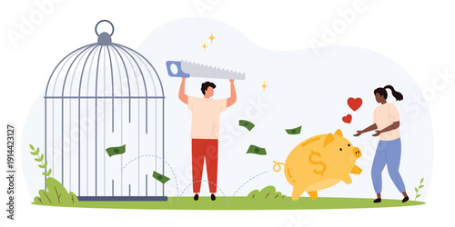 Man with saw opens cage freeing piggy bank symbolizing financial freedom, escaping debt, saving money, and achieving economic independence isolated vector illustration