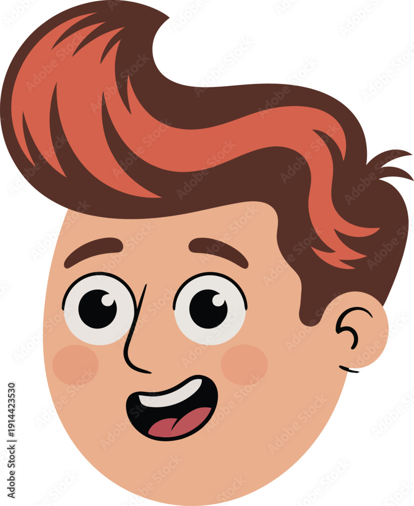 Fototapeta premium Quiff cartoon face portrait with trendy hairstyle and cheerful expression