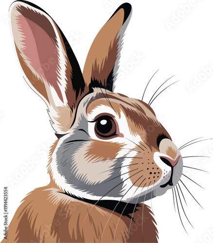 Sideways rabbit close up portrait showing realistic fur and long upright ears
