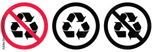 Recycle and no recycling vector icon, not allowed sign on grey background, ideal for waste disposal rules, environmental protection, prohibited actions
