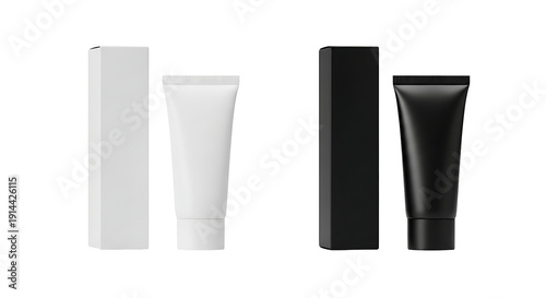 Cosmetic product packaging with white and black tubes and boxes