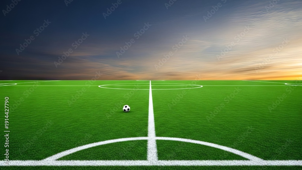Obraz premium Soccer ball on a meticulously maintained grass field with stadium lighting and twilight sky