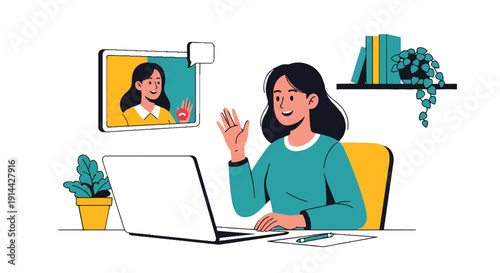 Woman engaged in a video call on her laptop waving to a contact on screen.