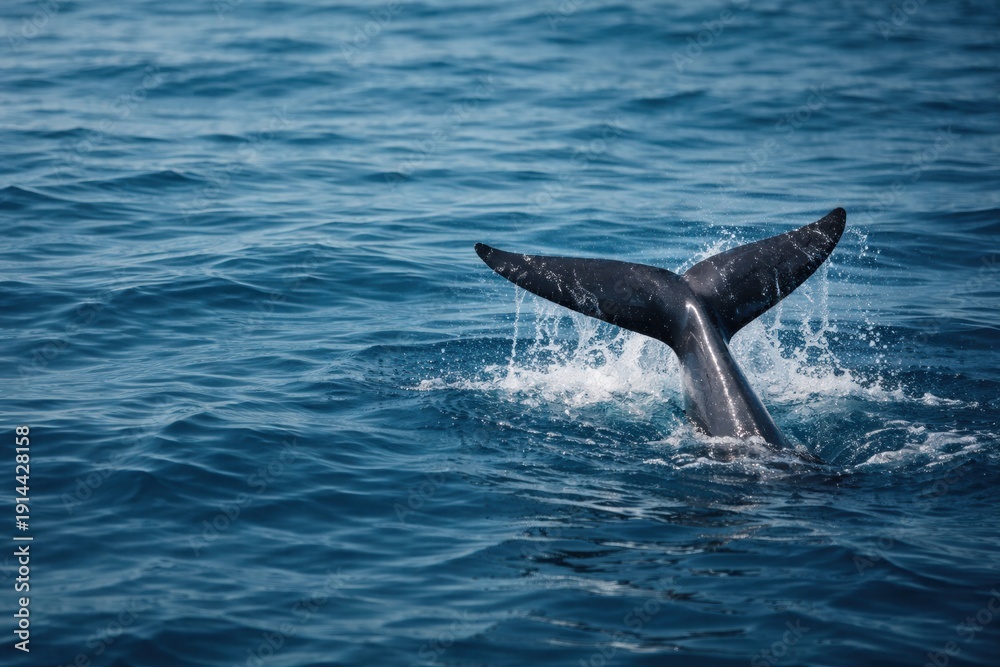 Fototapeta premium Whale Tail Emerging From Ocean Water During Daylight Near the Shore