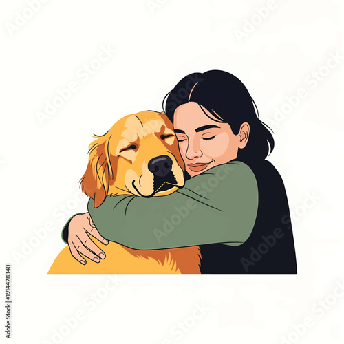 Woman embracing her beloved golden retriever with affection.