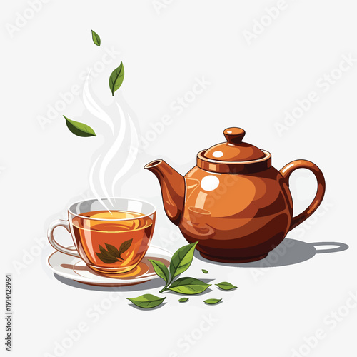 Steaming Hot Tea Cup and Teapot with Floating Leaves.