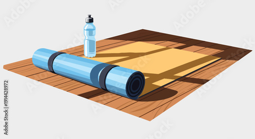 Blue yoga mat and water bottle on a wooden floor ready for exercise.