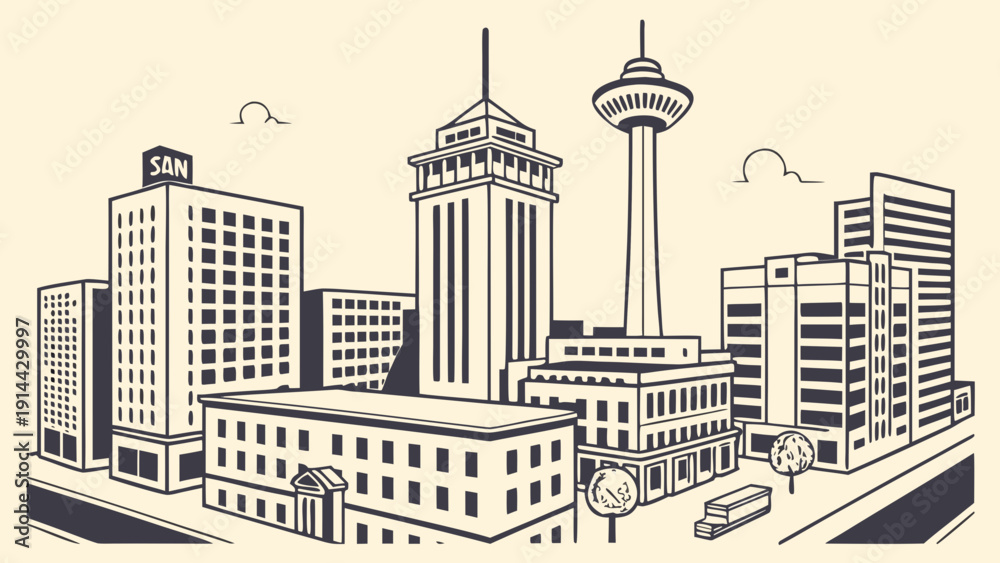 Fototapeta premium San antonio skyline tower truck, buildings, trees captured beautifully. Great for travel blogs, urban websites, texasthemed designs, and cityscape posters.