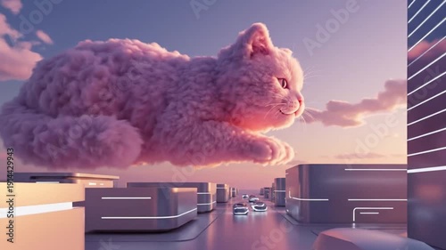 Enormous fluffy pink cloud cat floats majestically above a futuristic cityscape featuring sleek, illuminated autonomous vehicles during a warm sunset.