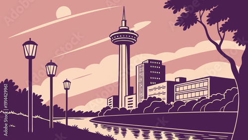 San antonio skyline with tower buildings, river, street lamps, and trees, depicts a beautiful cityscape. Perfect for travel and urban themes.