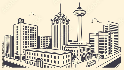 San antonio skyline tower truck, buildings, trees captured beautifully. Great for travel blogs, urban websites, texasthemed designs, and cityscape posters.