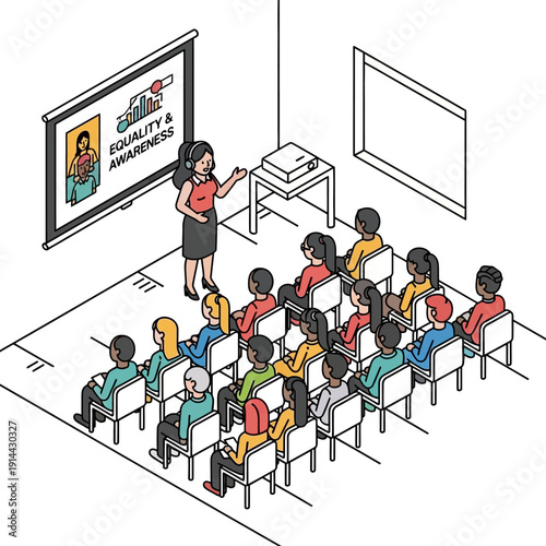 Diverse students attending a classroom lecture on equality awareness.