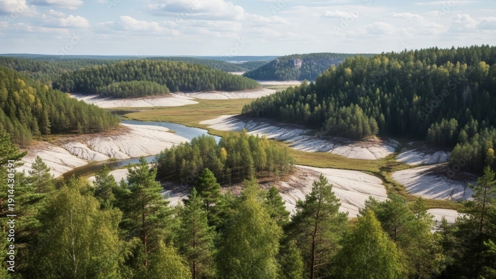 Obraz premium Aerial View of River Delta and Forest.