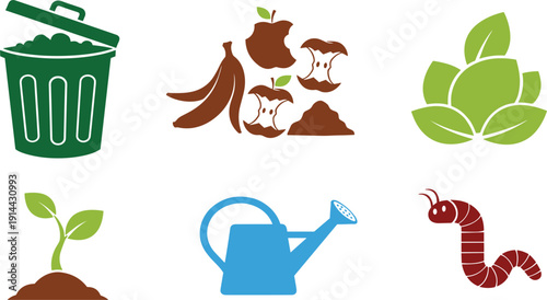 Organic waste and composting icons set, flat vector illustrations of food scraps, compost bin, garden soil, and earthworm isolated on white background.