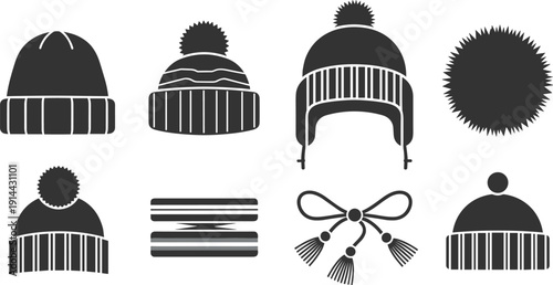 Winter hats and knitted headwear silhouettes set, black vector illustrations of beanies with pom-poms, trapper hats and decorative tassels isolated on white background.