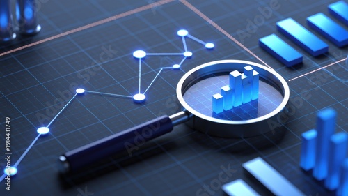 Data analysis with magnifying glass over a glowing blue bar graph and line chart on a digital grid background