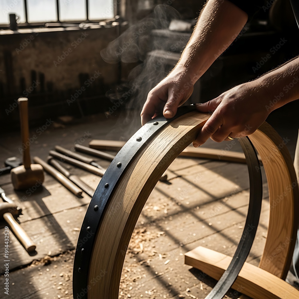 Obraz premium Cooper's Hands Positioning Steam-Bent Oak Stave on Barrel in Workshop