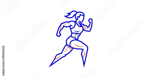 Dynamic Blue Outline Running Woman Athlete Illustration on Isolated White Background