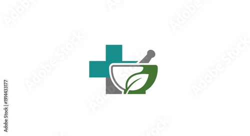 Herbal Medicine Logo with Mortar, Pestle, Leaf, and Cross Icon Isolated on White Background, Representing Natural Healing