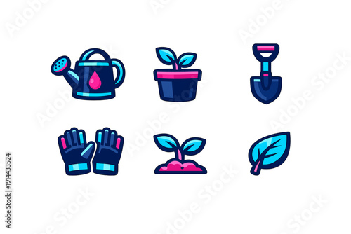Colorful gardening equipment icons featuring watering can shovel gloves potted plant seedling and leaf on white background