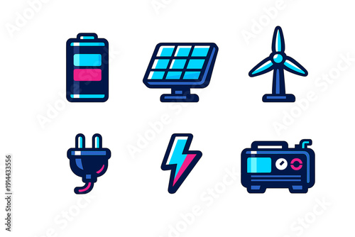 Renewable energy and electricity power source icons including solar panel wind turbine battery and generator on white background