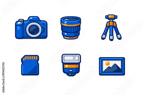 Photography equipment icons including digital camera lens tripod memory card flash and framed picture on white background