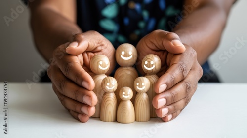 Gentle hands cupping a diverse group of smiling wooden figures, representing protection, care, and a sense of belonging within a family or community.