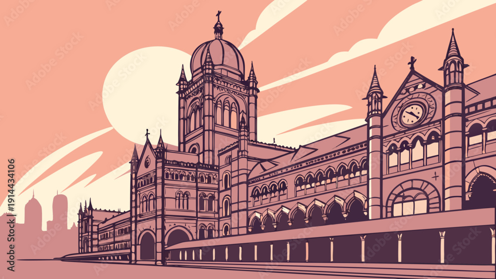 Obraz premium Mumbai skyline frames iconic chhatrapati shivaji maharaj terminus in vibrant india. Suitable for travel brochures, city guides, and cultural websites.