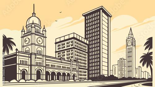 Mumbai skyline cityscape with famous tower clock and iconic buildings. Suitable for travel guides, city presentations, or indian culture publications.