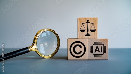 Wooden blocks with copyright and artificial intelligence symbols next to magnifying glass on blue surface  legal tech concept
