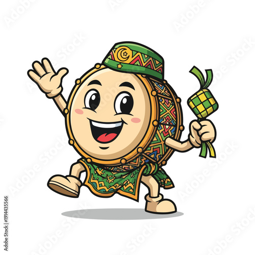 Happy drum character with tambourine and bow