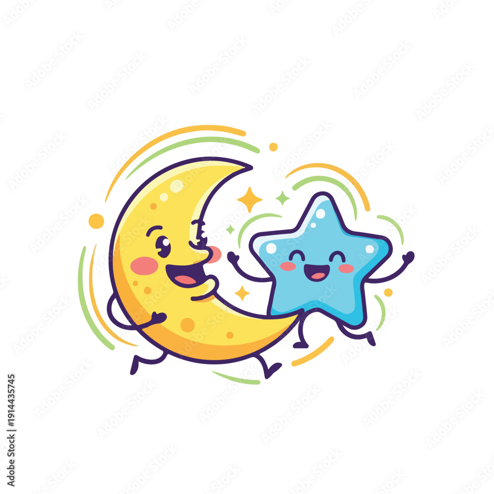 Fototapeta premium Moon and Star Cheerful Dancing Characters
