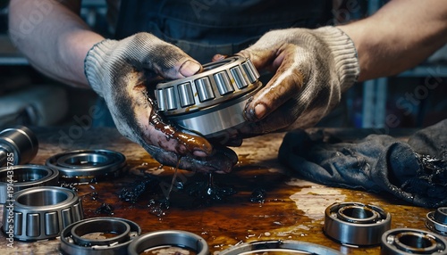 A mechanic's dirty hands in gloves holding a greasy tapered roller bearing, with other bearings and oil on a workbench.
