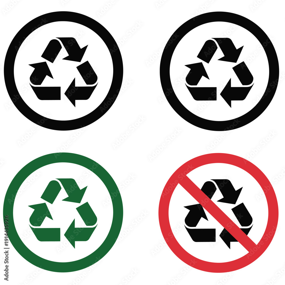 Obraz premium Recycle and recycling not allowed sign, vector icons including no recycle symbols for plastic, paper, and glass, perfect for waste management, environmental awareness