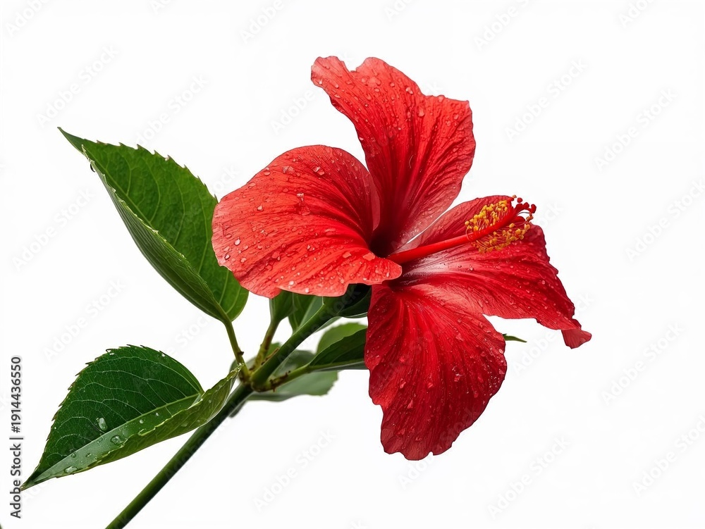 Fototapeta premium Red hibiscus flower on stem with wet green leaves isolated on white background