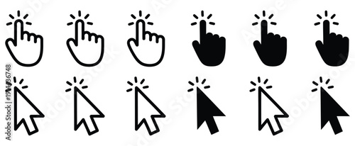 Mouse click cursor set, including hand cursor, arrow pointer, and click icons, vector illustration ideal for web design, app interfaces, user interaction,