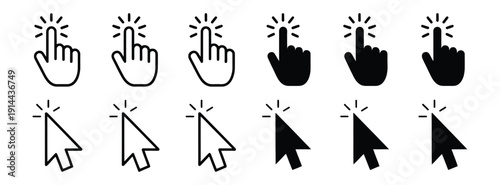 Mouse pointer and click icon set, featuring hand cursors and arrow pointers, vector collection perfect for UI design, website navigation, digital applications, and interactive interface graphics.