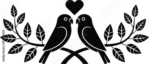 Romantic Bird Couple Outline Icon Set Heart Symbol and Leafy Branch Design