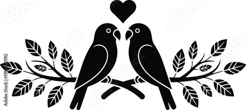 Romantic Bird Couple Outline Icon Set Heart Symbol and Leafy Branch Design