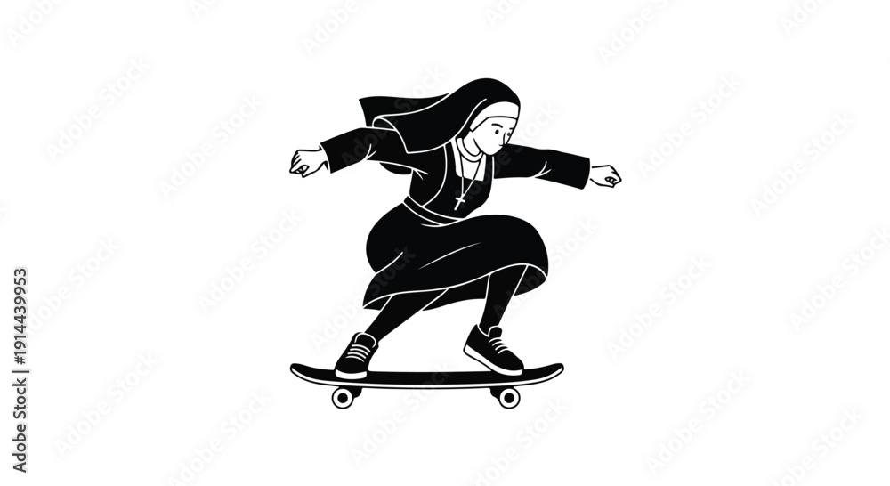 Fototapeta premium A nun riding a skateboard with outstretched arms in a dynamic pose against a clean white background with monochromatic tones.