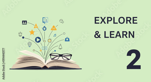 Open book with eyeglasses surrounded by creative and educational icons on green background, depicting "Explore & Learn"